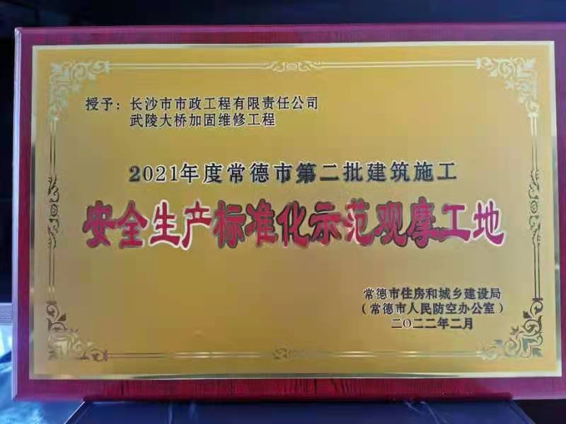 喜訊 ！常德市武陵大橋項(xiàng)目榮獲2021年度安全生產(chǎn)標(biāo)準(zhǔn)化示范觀摩工地
